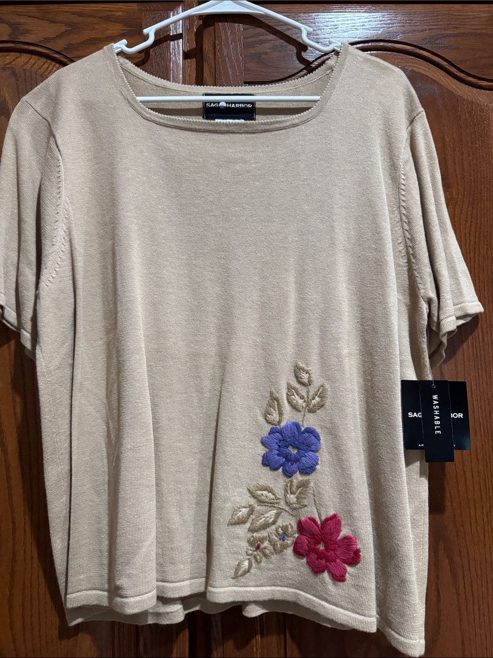 Sag Harbor Beige Short-Sleeve Knit Top with Purple & Pink Floral Embroidery